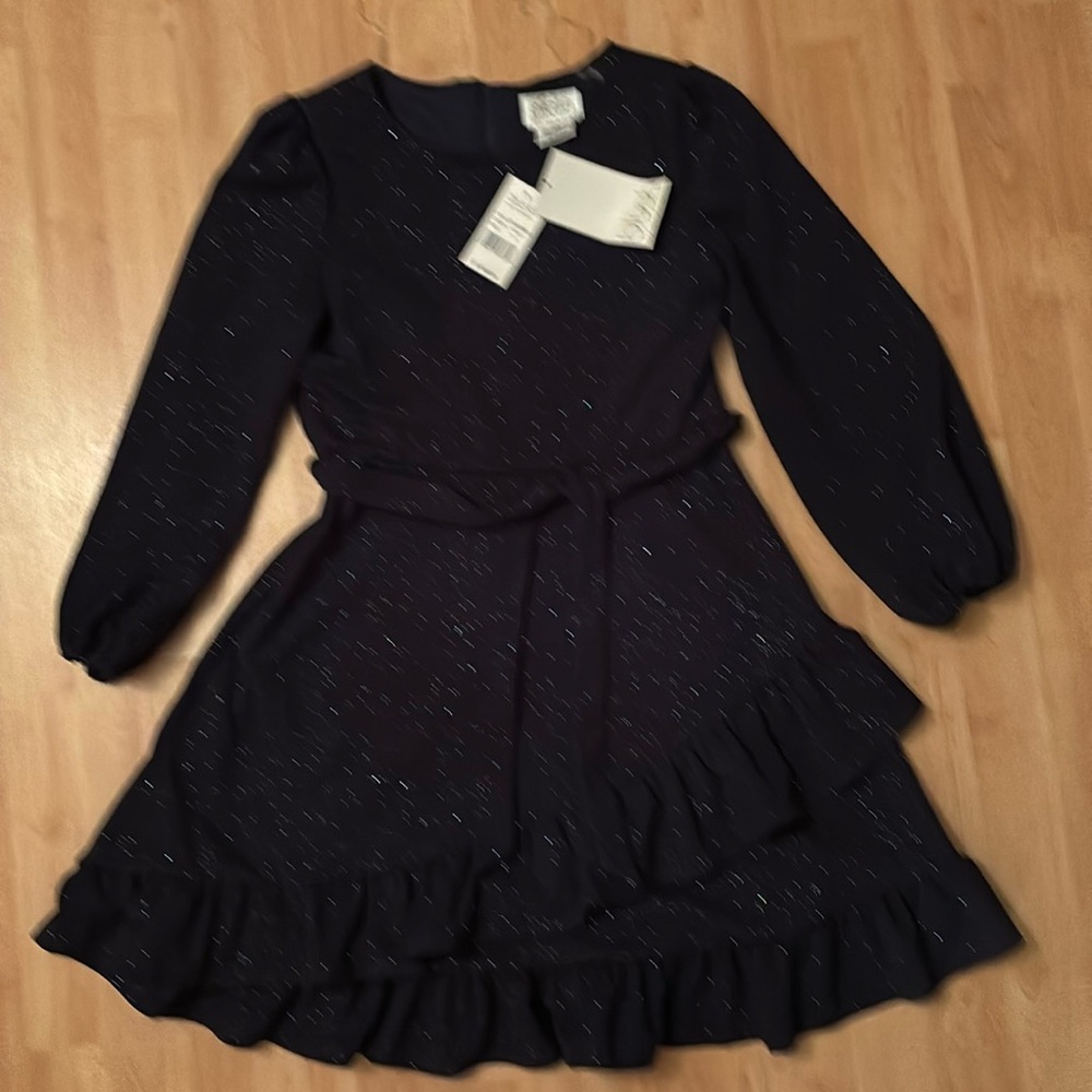 NWT Girls dress size 14 Navy, long sleeve, belt, back zipper long